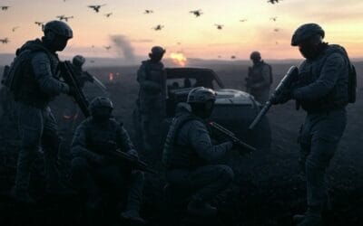 Futuristic battlefield featuring soldiers, AI drones, and laser weapons in action, with a swarm of drones overhead—showcasing future weapons redefining warfare in 2025