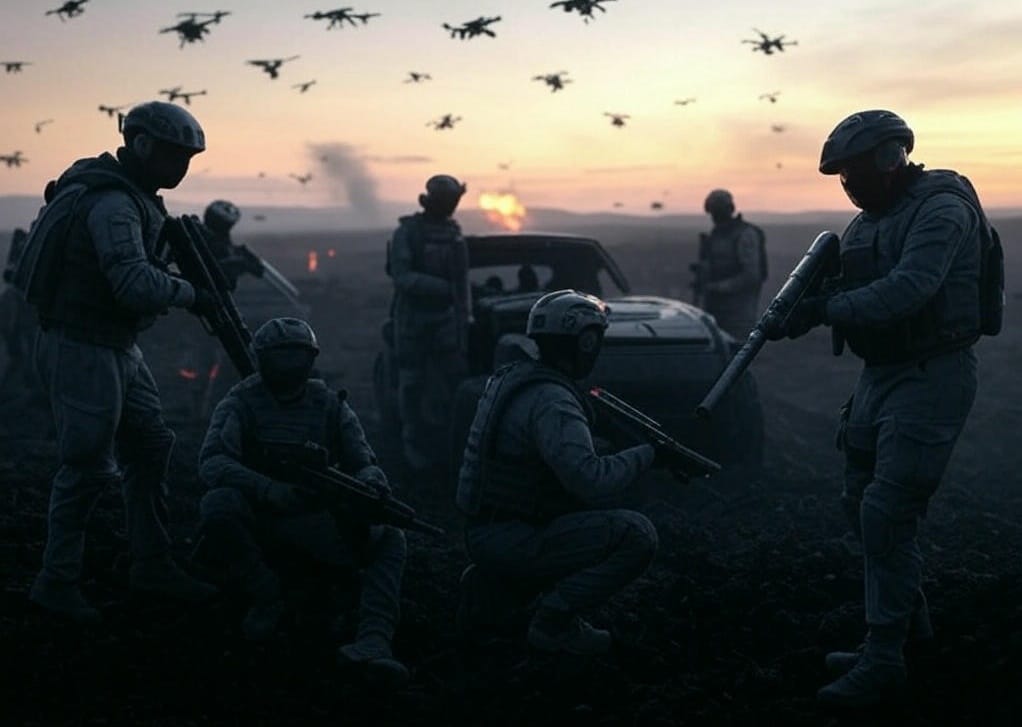 Futuristic battlefield featuring soldiers, AI drones, and laser weapons in action, with a swarm of drones overhead—showcasing future weapons redefining warfare in 2025