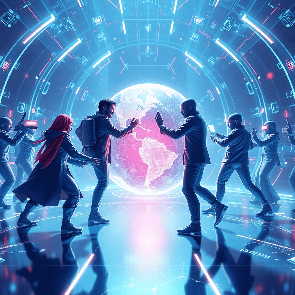 A futuristic visualization of global players competing in the metaverse, symbolizing metaverse geopolitics.