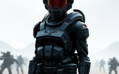 Augmented Soldiers: A futuristic augmented soldier wearing an exoskeleton and neural interface helmet in a battlefield setting.