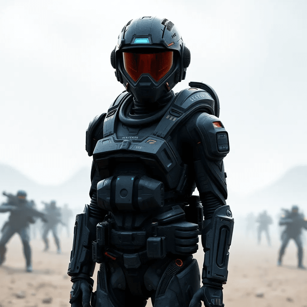 Augmented Soldiers: A futuristic augmented soldier wearing an exoskeleton and neural interface helmet in a battlefield setting.