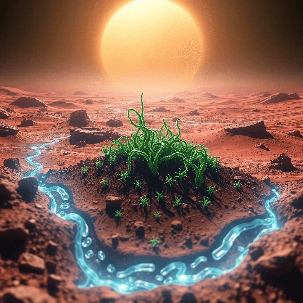 terraforming mars 
microbes: An artistic depiction of microbes working to terraform the Martian landscape, releasing oxygen and stabilizing the soil.