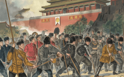 Illustration of the Taiping Rebellion showing soldiers and the siege of Nanjing.