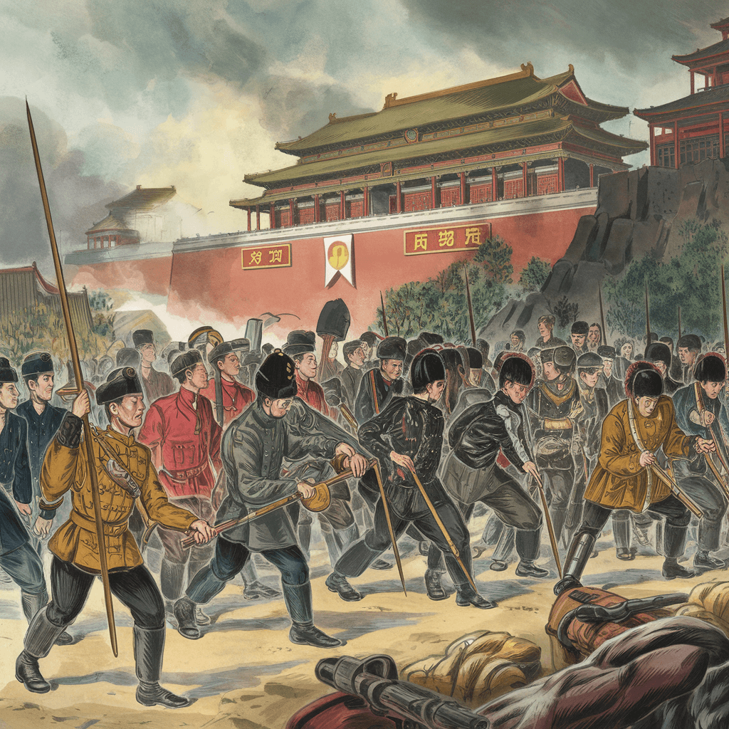 Illustration of the Taiping Rebellion showing soldiers and the siege of Nanjing.