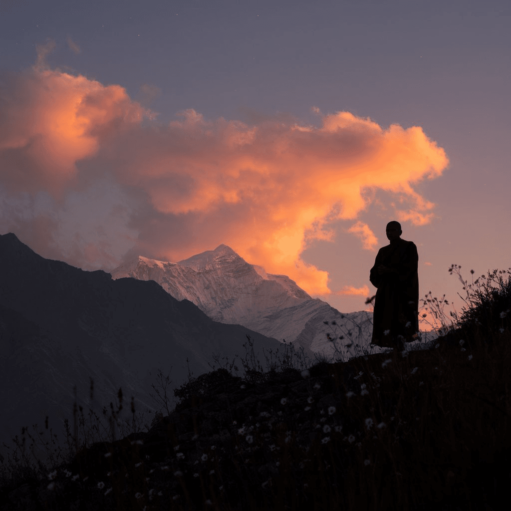 A monk silhouetted against a Himalayan dawn