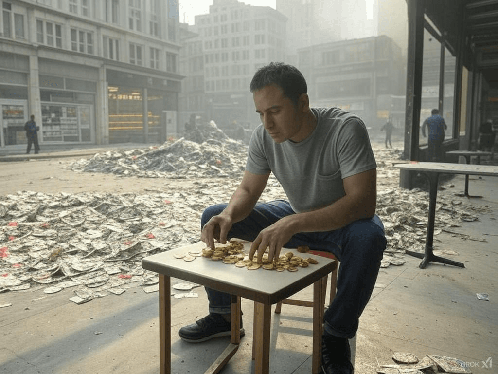 Apocalyptic cityscape of economic collapse: shattered skyscrapers loom over burning money, as a figure counts gold coins beside a garden, symbolizing wealth protection during economic collapse amid desperate crowds and empty shelves.