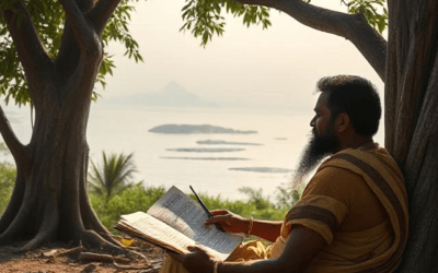 A scholar reading Tamil texts with a ghostly Kumari Kandam history landscape, linking the lost continent to today’s heritage