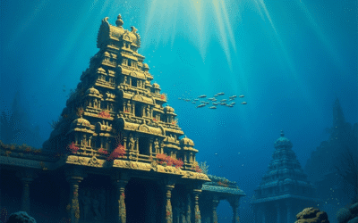 An artist's concept of the lost continent of Kumari Kandam, showing a submerged temple with ancient architecture deep beneath the ocean.