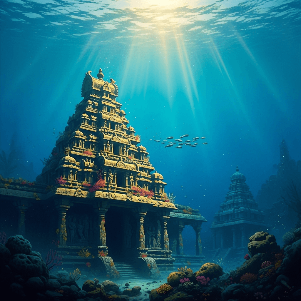 An artist's concept of the lost continent of Kumari Kandam, showing a submerged temple with ancient architecture deep beneath the ocean.