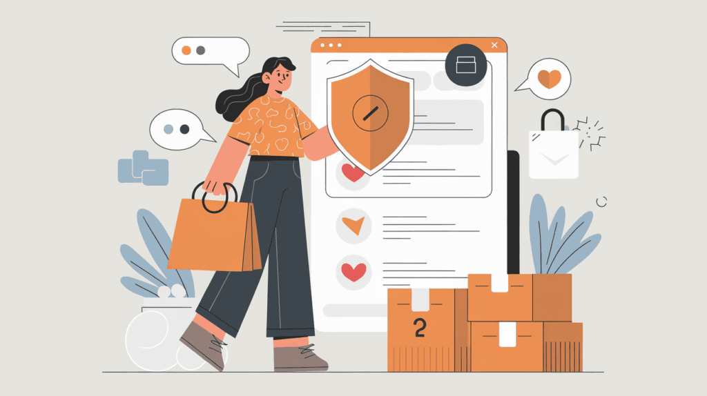 avoid online scams: Illustration of a shopper with a shield symbol, symbolizing protection from online scams.