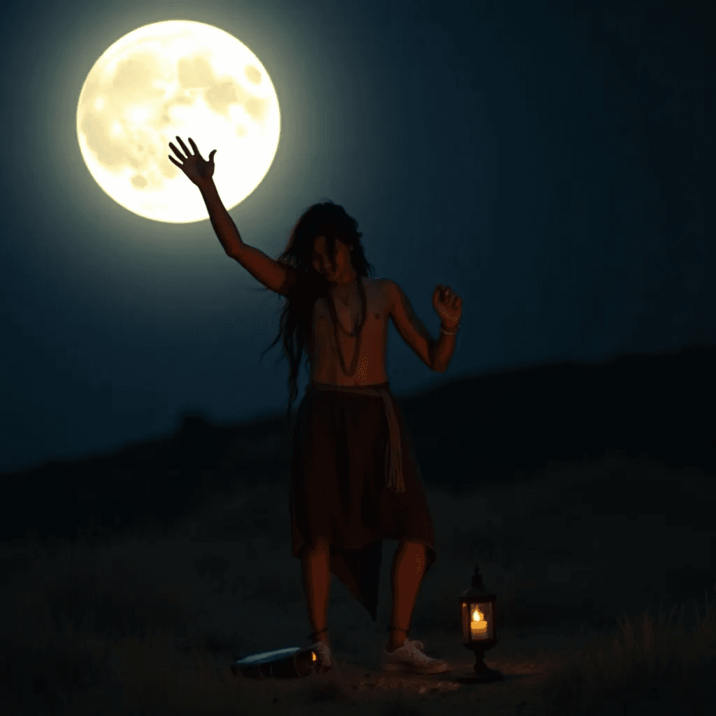 A modern-day individual practicing an ancient rituals under the light of a full moon.