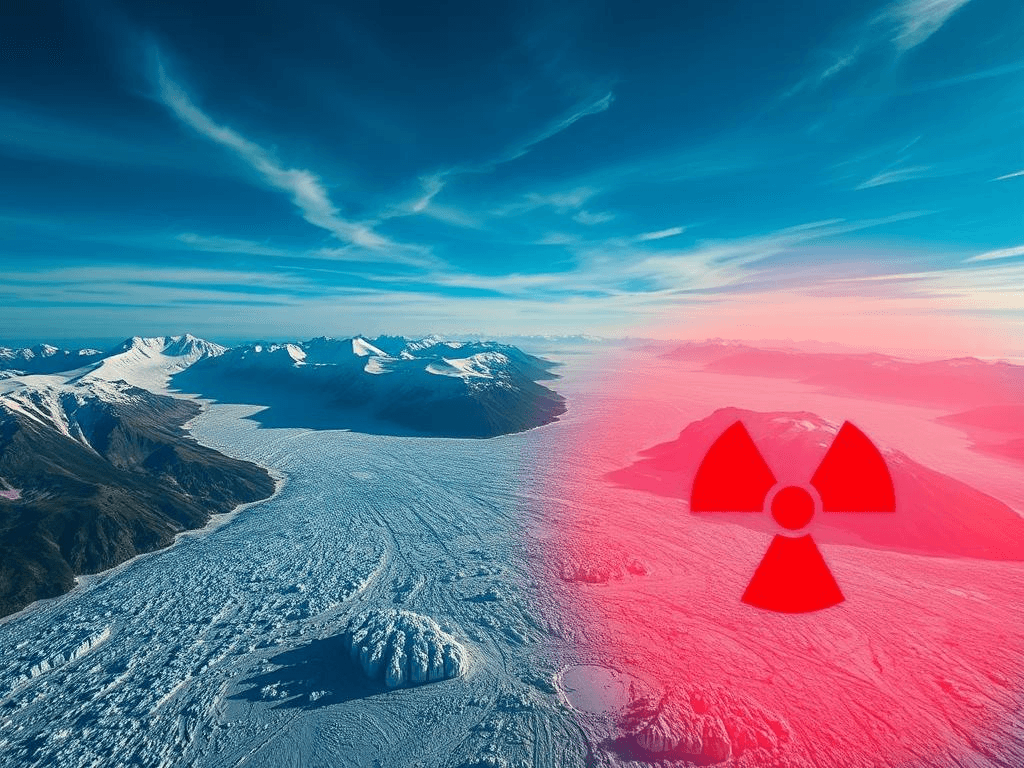 A breathtaking aerial view of a pristine glacier under a vibrant blue sky, with a glowing red overlay symbolizing radioactive contamination, hinting at the hidden presence of plutonium in glaciers.
