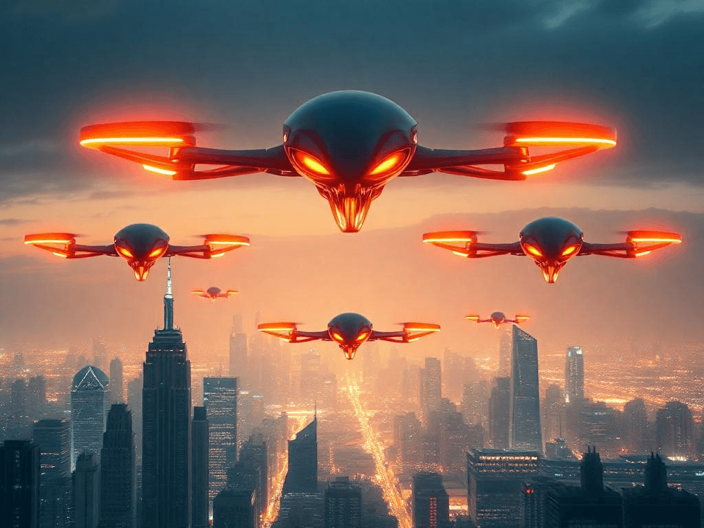 Terrifying alien drones glowing ominously over a city skyline, symbolizing a potential alien invasion and humanity's response
