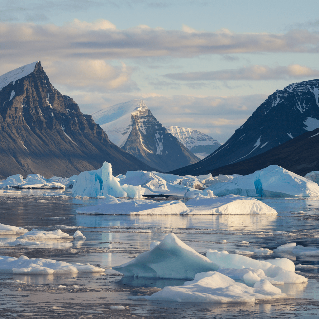An Arctic landscape with icy waters, representing the treacherous journey of the Franklin Expedition.