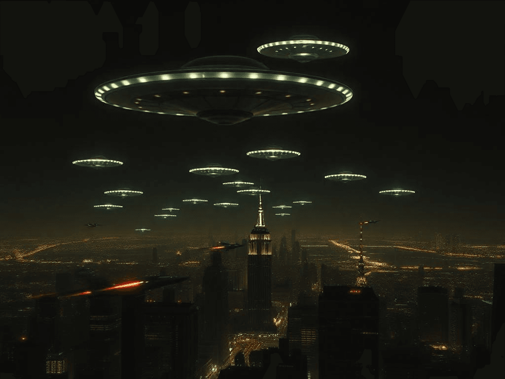 Unidentified alien drones spotted hovering over a city, prompting government investigations.