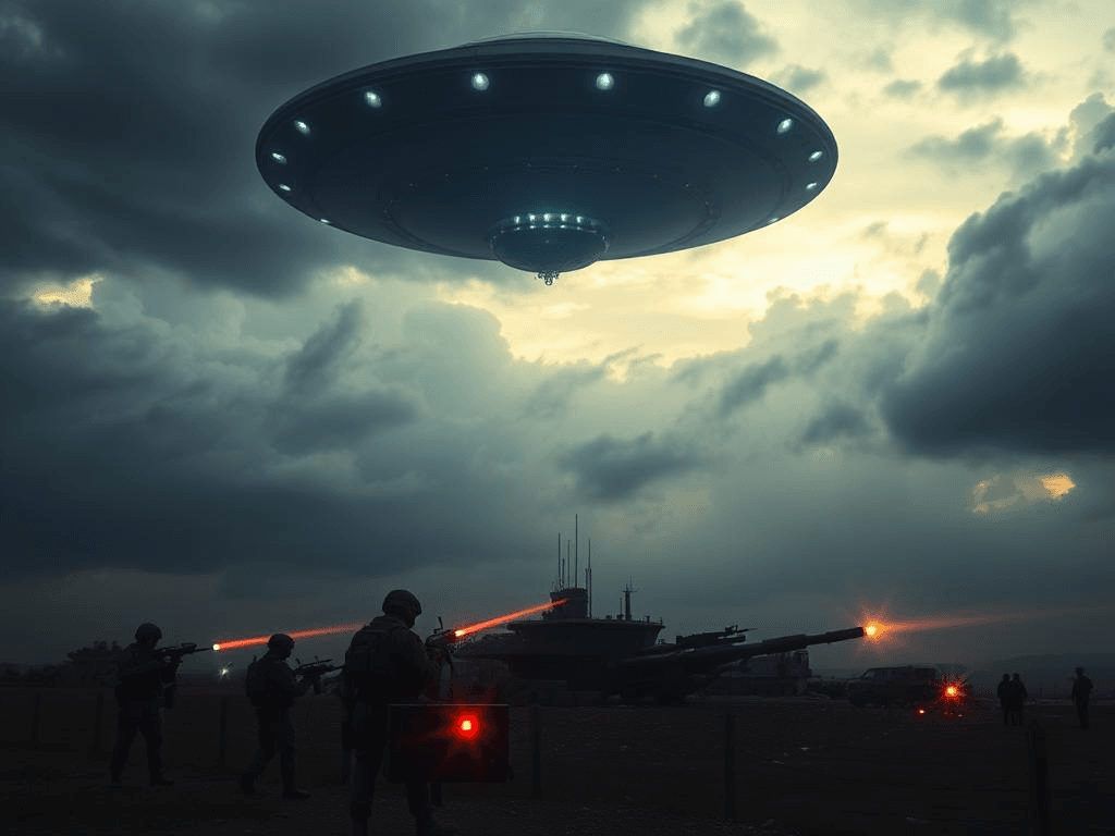 Military forces aim directed-energy weapons at an alien drone during escalating tensions