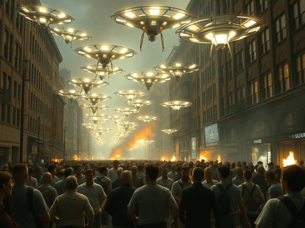 Terrified civilians fleeing as alien drones appear overhead during an apocalyptic scene