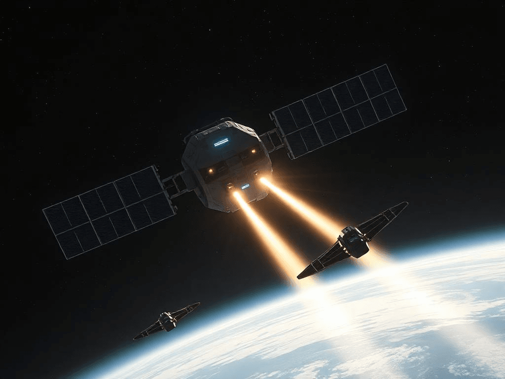 Space-based defense satellites targeting alien drones during a global militarization effort