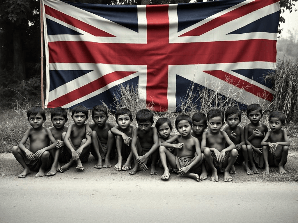 Starving villagers during the Bengal Famine of 1943, highlighting the human cost of British colonial policies.