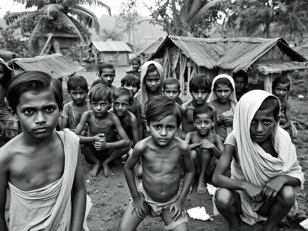 Starving villagers during the Bengal Famine of 1943, a haunting reminder of British colonial policies that caused millions to perish