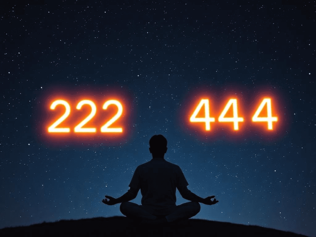 A meditative figure beneath a night sky illuminated with angel numbers 222, 444, and 555