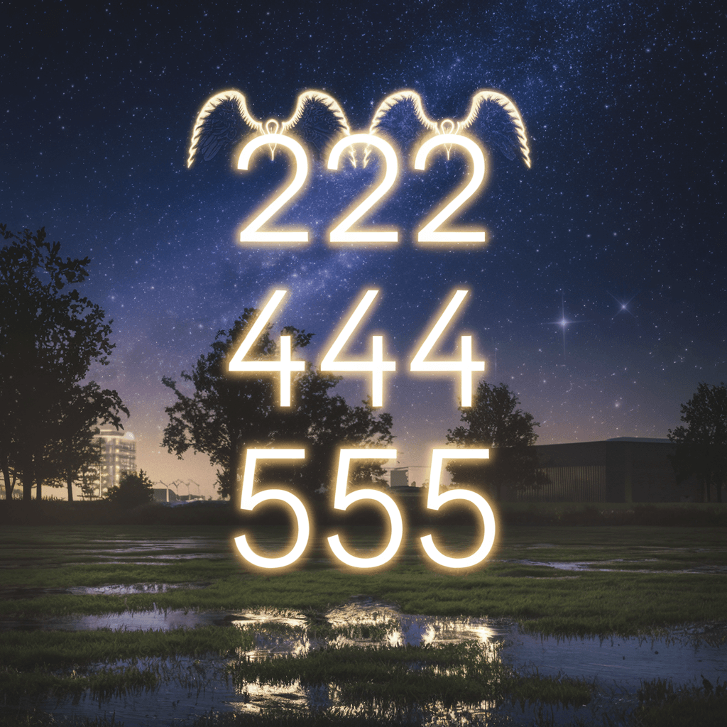 A serene starry night featuring glowing angel numbers 222, 444, and 555, symbolizing divine messages from the universe