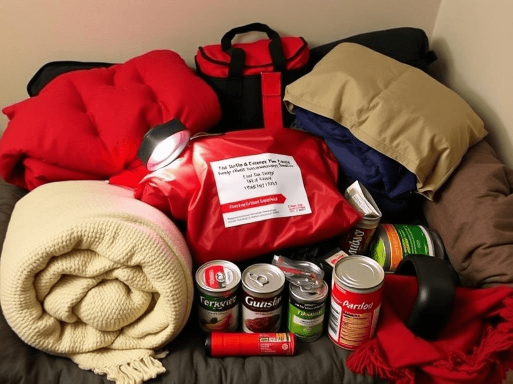 winter survival tips: Compact winter emergency kit for apartment dwellers featuring blankets, flashlights, and canned food.