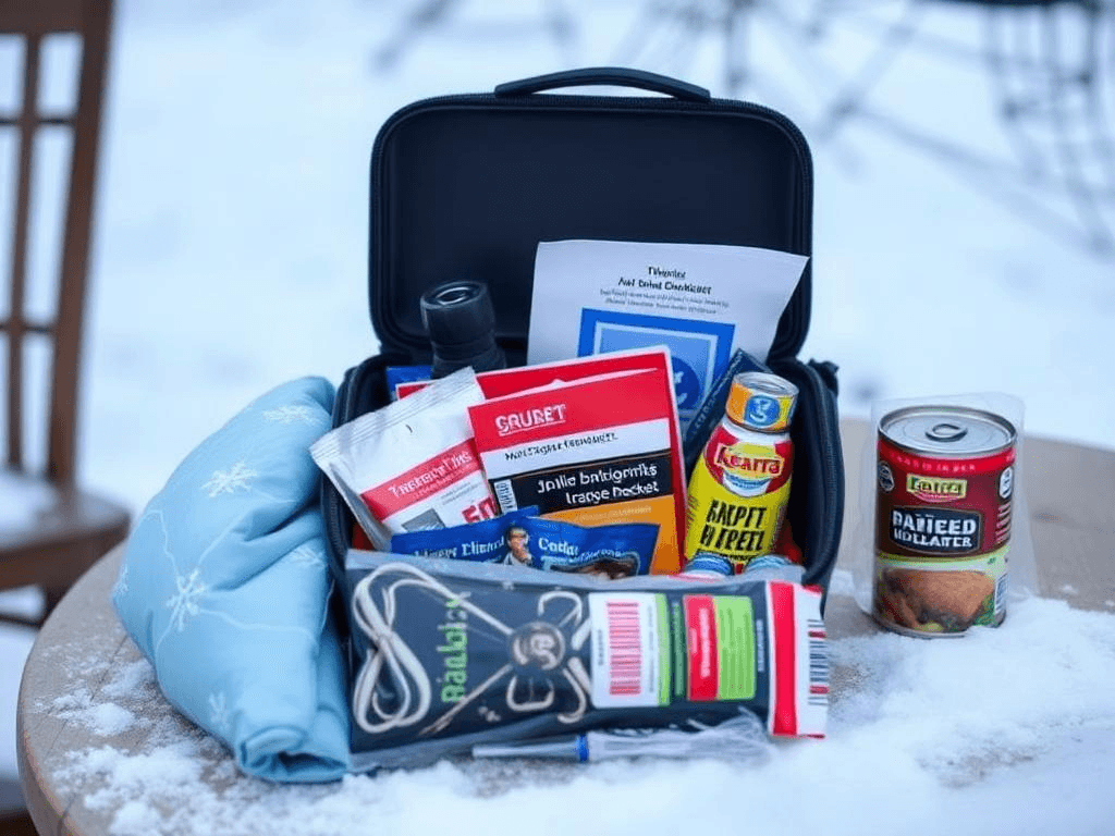 winter survival tips: A winter emergency kit with essentials for apartment dwellers, including a flashlight, food, and thermal blankets.