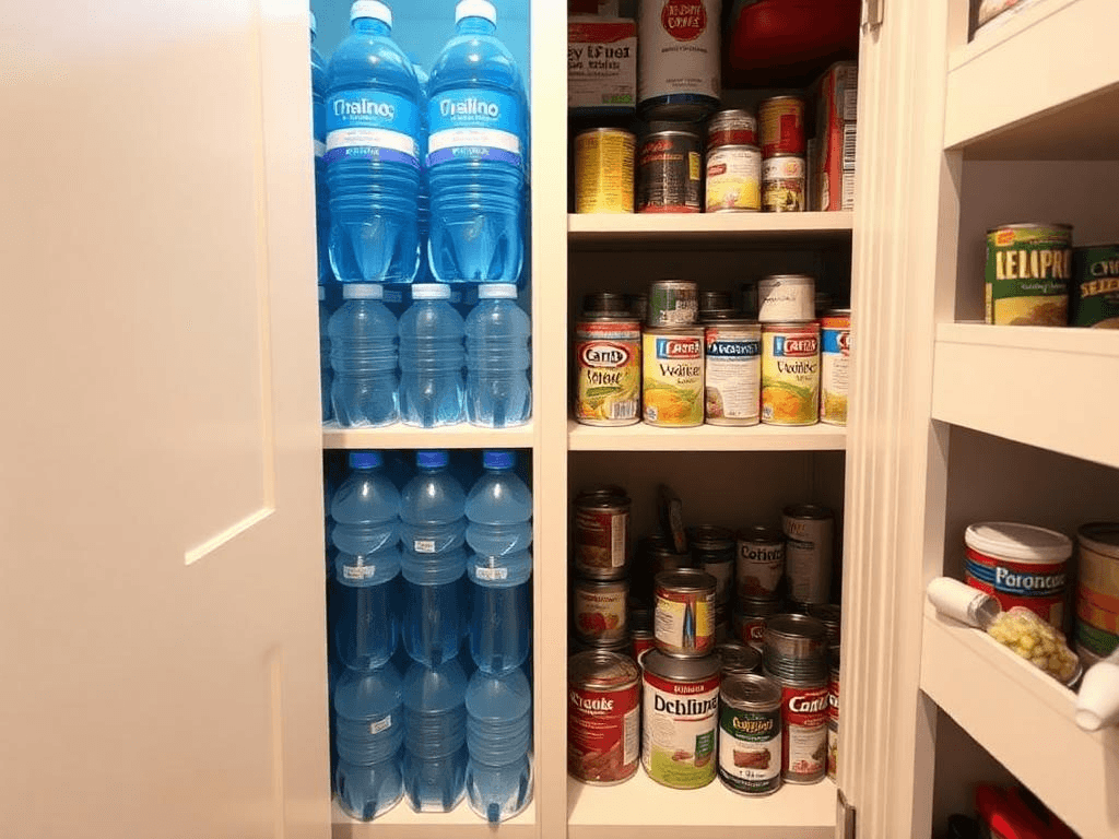 A small apartment pantry optimized for emergency food and water storage, featuring neatly stacked shelves.