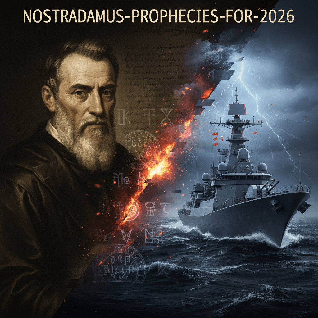 A depiction of Nostradamus looking towards the future, representing the chilling Nostradamus 2026 predictions for war and climate change.