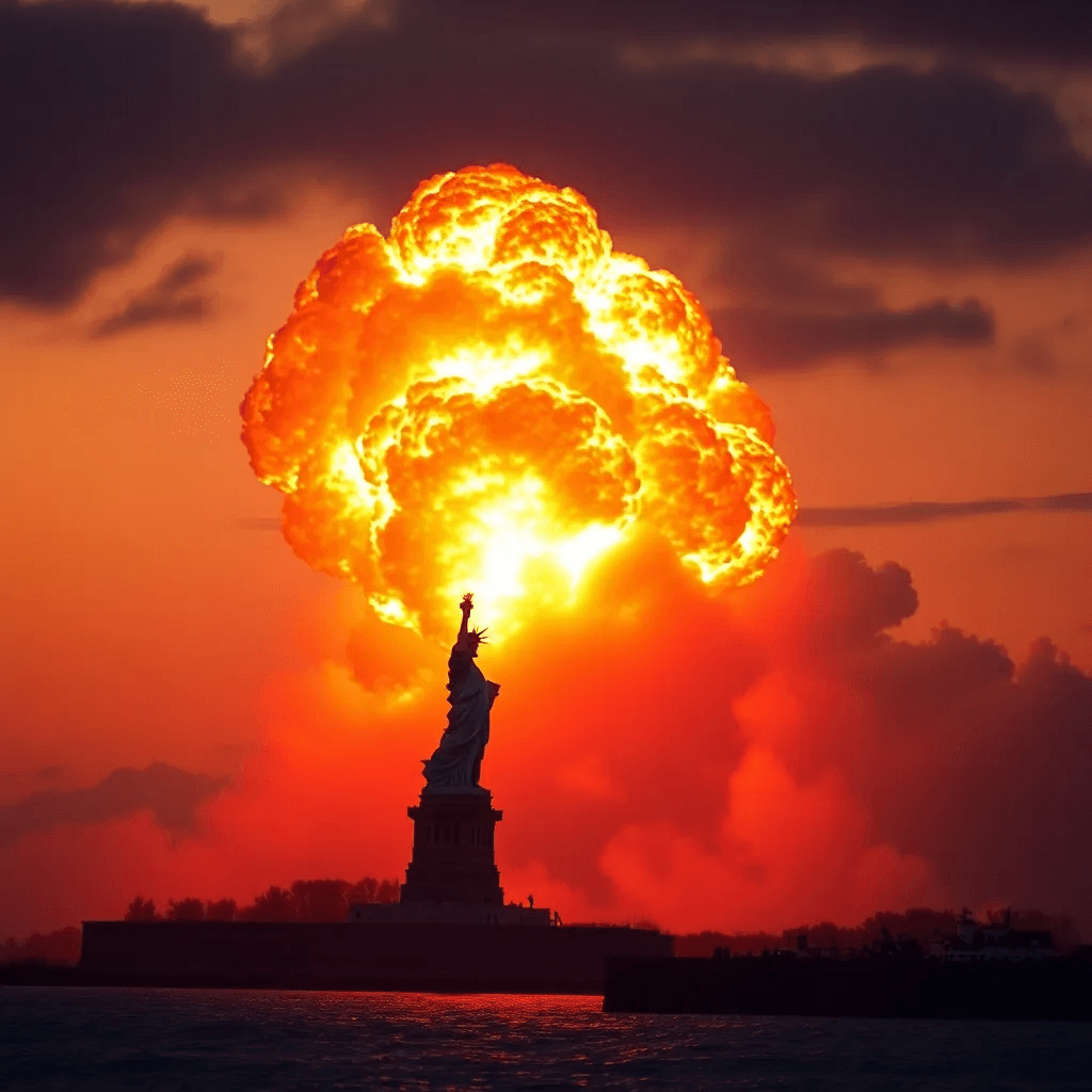 A fiery depiction of the Black Tom Explosion near the Statue of Liberty.