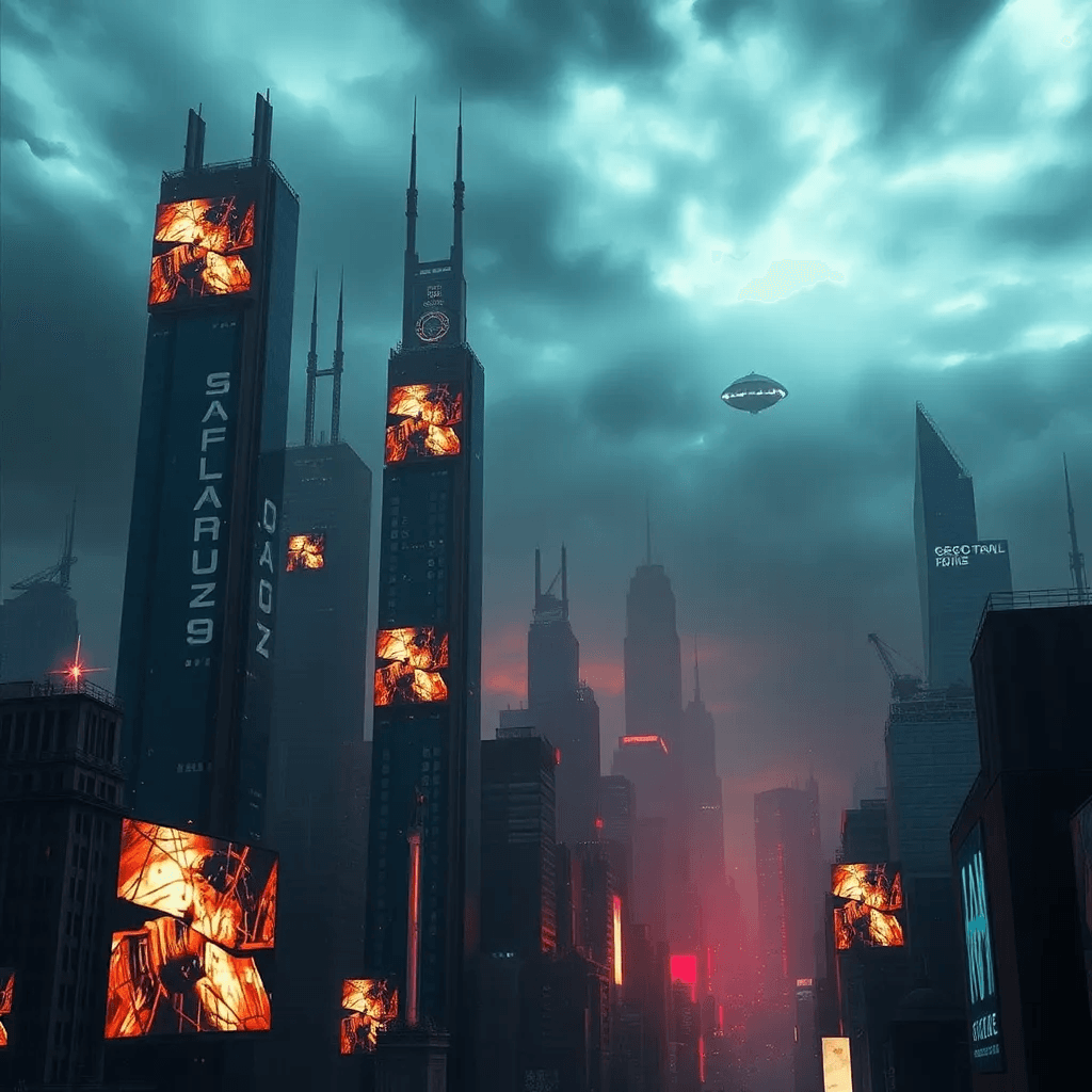 A dystopian cityscape with towering screens and ominous skies, symbolizing the merging of fiction and reality in dystopian futures