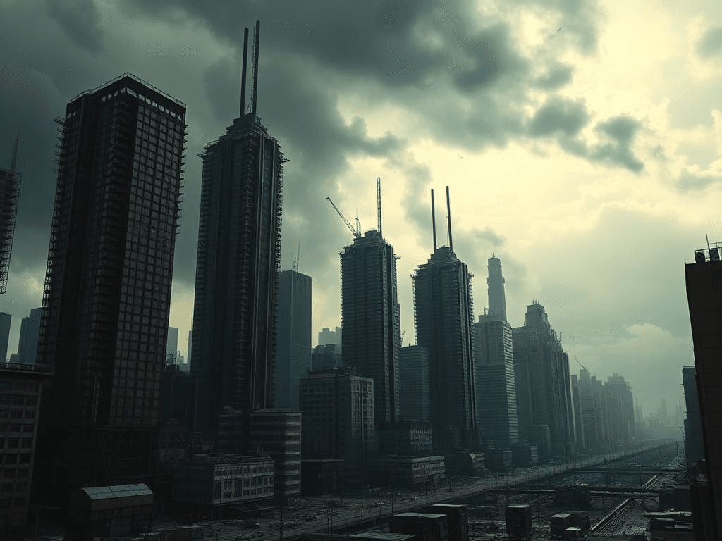 Olduvai Theory: A dramatic, apocalyptic cityscape with darkened skyscrapers, abandoned streets, and stormy skies, symbolizing the collapse of industrial civilization.