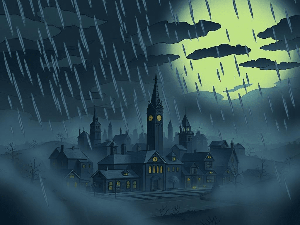  A haunting illustration of Springfield from The Simpsons, shrouded in darkness under stormy skies, symbolizing the eerie concept of the Simpsons’ Dark Winter.