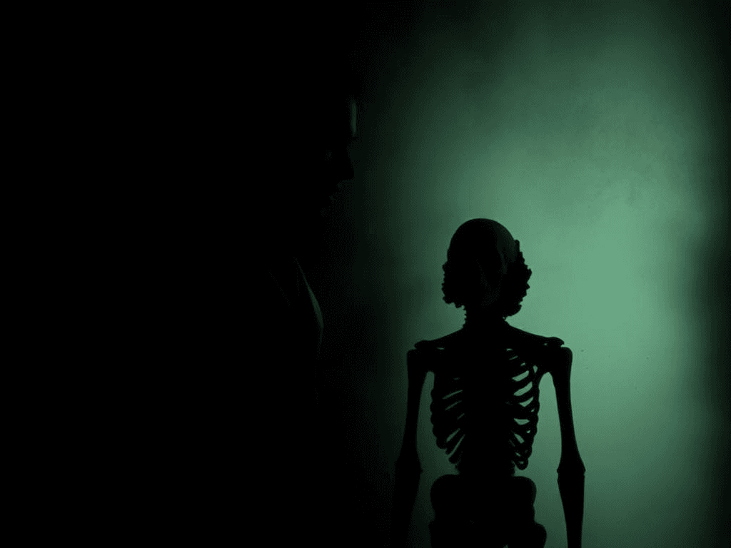 A dark, eerie depiction of a doctor’s silhouette next to a preserved figure, symbolizing Carl Tanzler’s obsession.