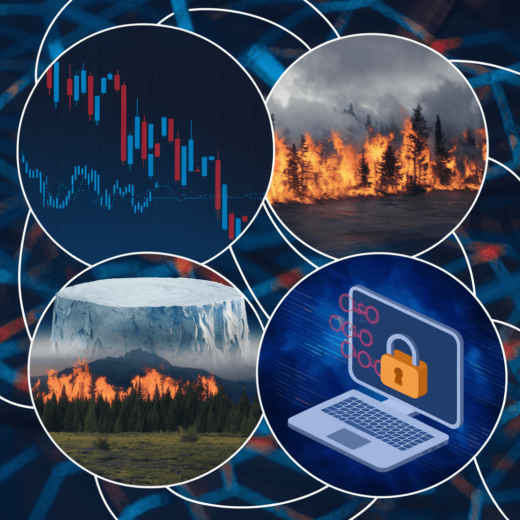 Economic threats: A conceptual illustration of overlapping global risks: economic threats, climate change, and cybersecurity vulnerabilities intertwined in a complex web.