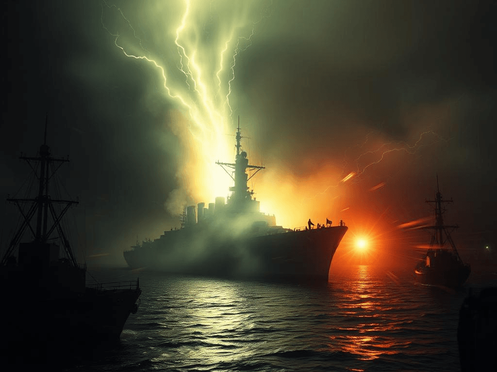 USS Eldridge surrounded by electromagnetic light in Philadelphia Experiment depiction.
