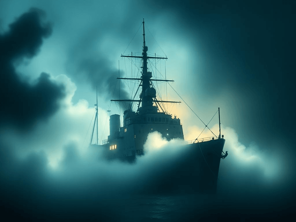 A naval ship surrounded by swirling light and fog, symbolizing the mystery of the Philadelphia Experiment.
