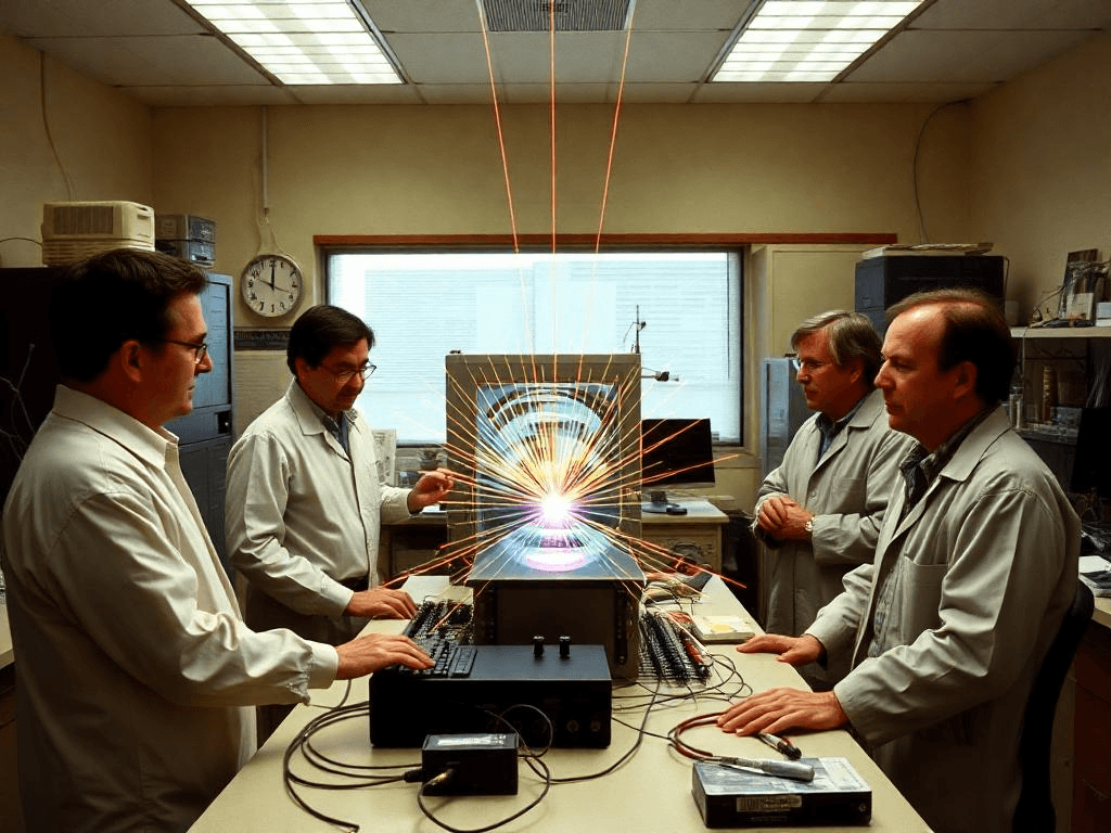 quantum teleportation : A group of physicists in a 1990s laboratory setting, working with quantum equipment and entangled photons, illustrating the first demonstration of quantum teleportation.