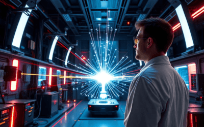 Quantum teleportation experiment in a laboratory, showing lasers and detectors in action.