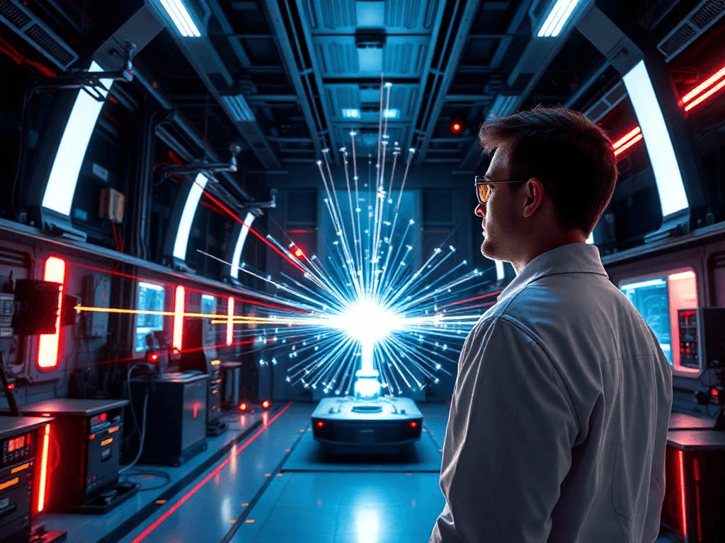 Quantum teleportation experiment in a laboratory, showing lasers and detectors in action.