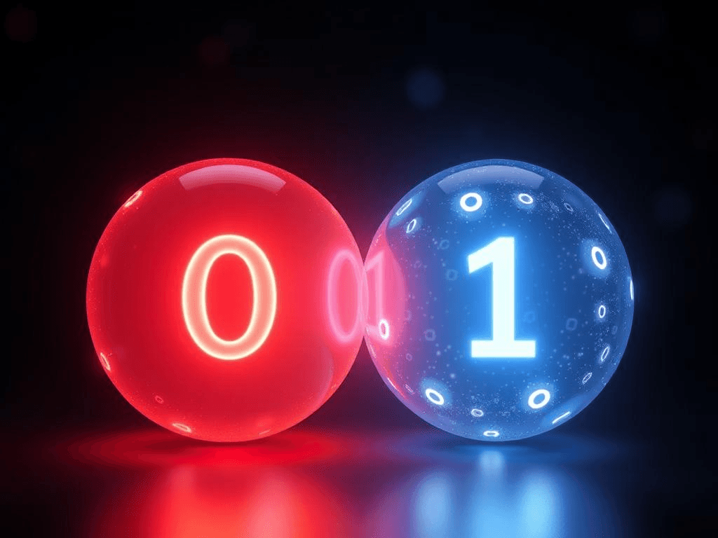Comparison of classical binary bits and quantum qubits in superposition, illustrating the basics of quantum computing.