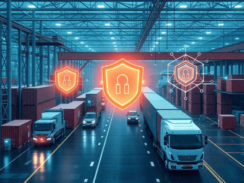Modern supply chain cybersecurity visualized with holographic defenses protecting a logistics facility, highlighting secure operations.