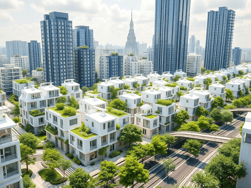 Urban skyline with 3D-printed affordable housing solutions integrated into public transit systems in a futuristic cityscape.