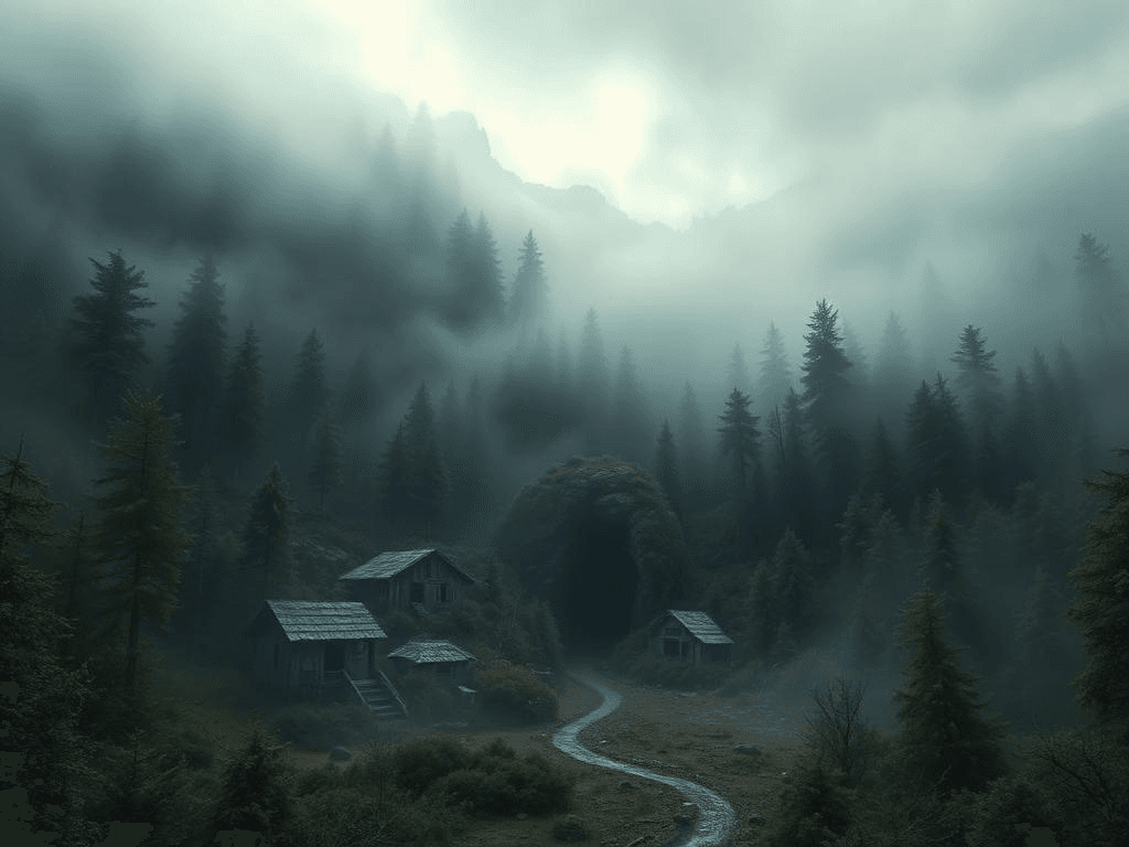 An abandoned town in Old Owsley, Kentucky, shrouded in mist, with dense forests and a mysterious cave in the background.