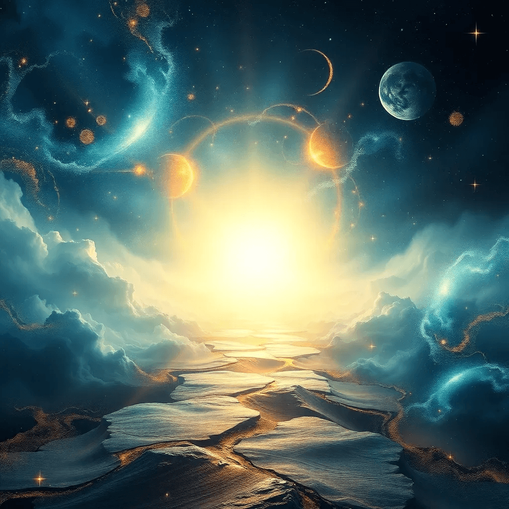 A luminous pathway symbolizing the truth about afterlife theories, blending concepts of parallel universes, spirits, and cosmic journeys.