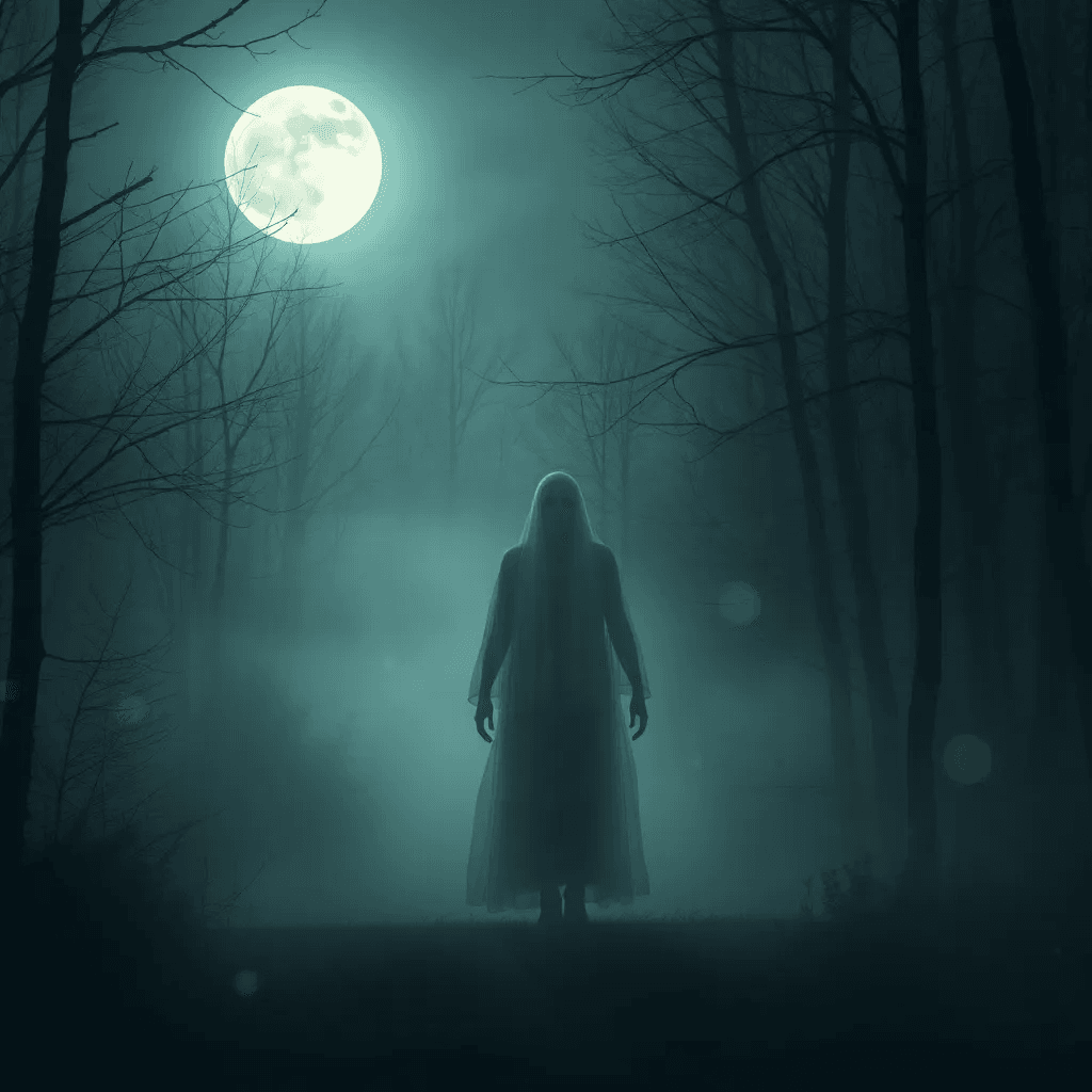 A ghostly figure wandering a misty forest, symbolizing the afterlife theory of becoming a ghost and lingering between realms.