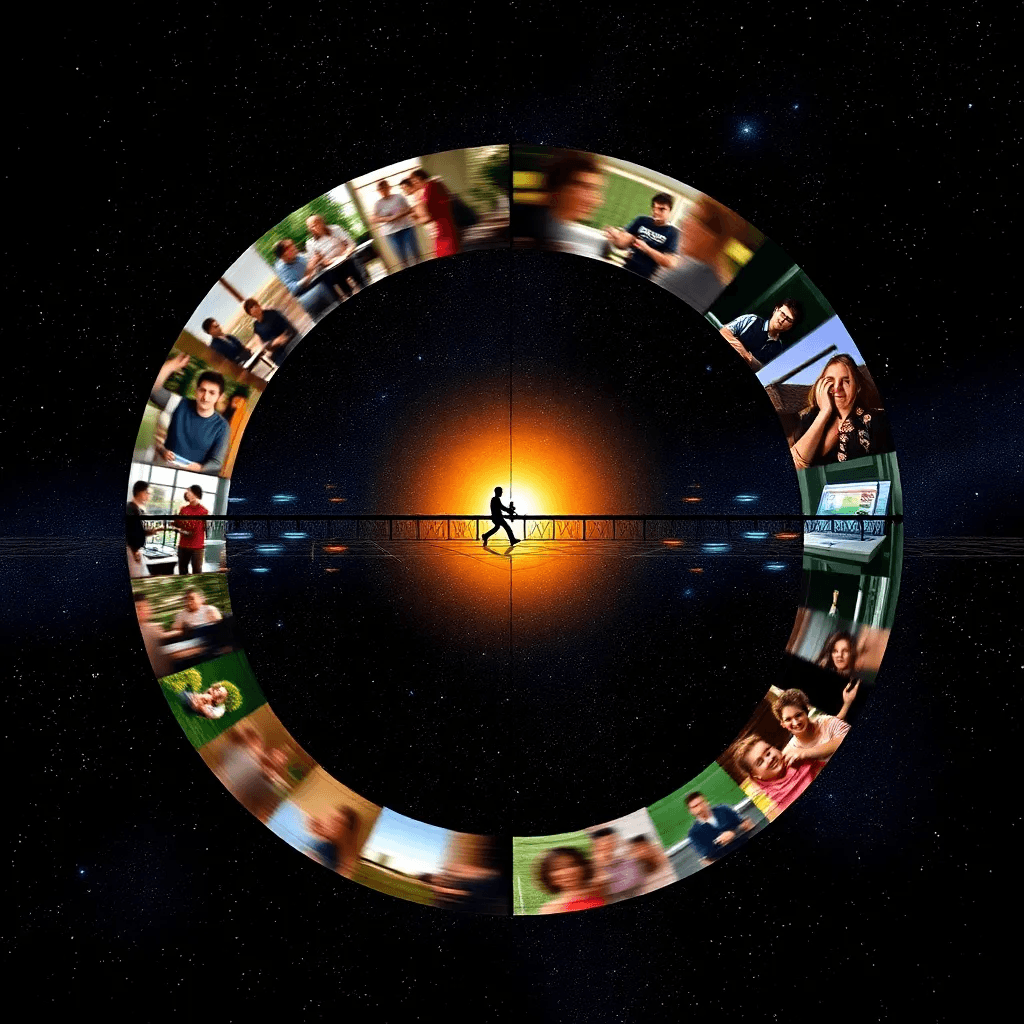 A circular timeline showing repeating life scenes, symbolizing the afterlife theory of life looping and living the same life again.