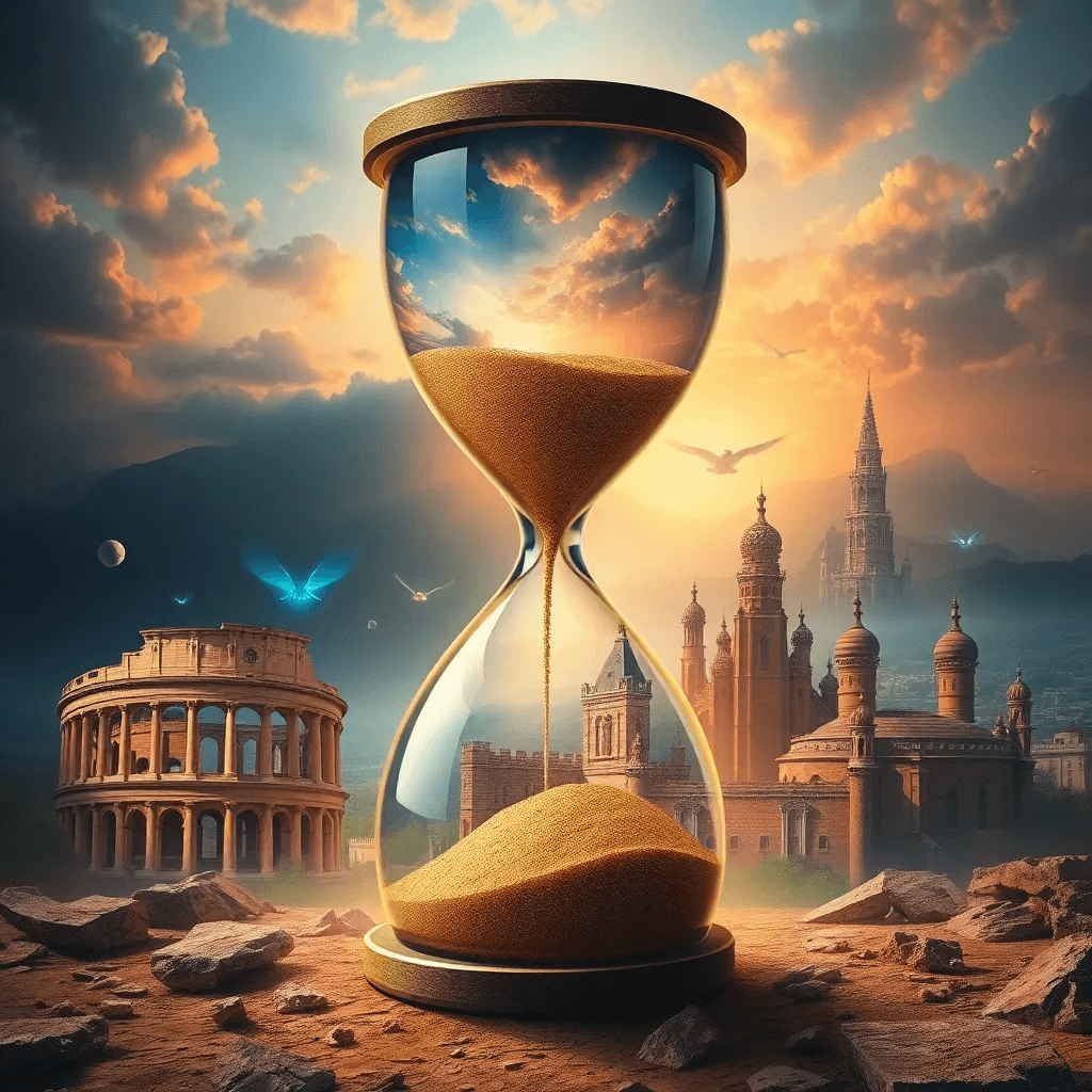 An hourglass blending historical and futuristic scenes, symbolizing the afterlife theory of rebirth in a random century.