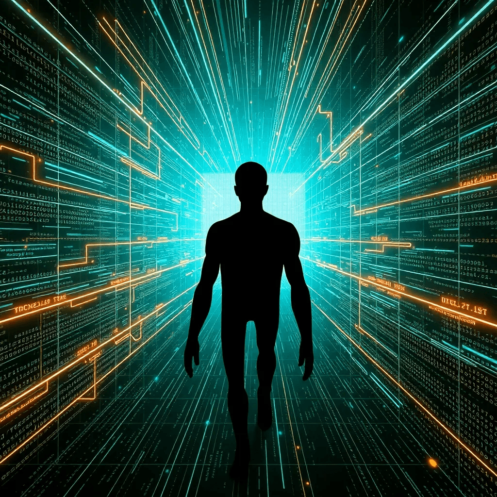 A human silhouette transitioning into a digital grid, symbolizing the afterlife theory of simulation and moving to another program.